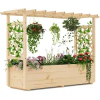 Costway Hochbeet Pflanzkasten mit Rankgitter, hängendem Dach & Abflusslöchern, Blumenkasten für Kletterpflanzen, Pflanzgefäß Holz 150x50x104cm