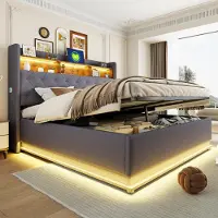 UnboxG Gepolstertes LED-Bett 180×200cm (grau, weiches Leinen): Stauraum, USB, hydraulischer Stauraum.