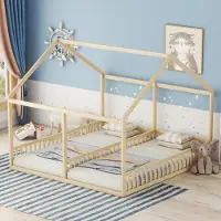 ALFORIGO Hausbett 2-in-1, 2 x 90 x 200 cm, zwei Einzelbetten mit Schutzgeländer, Dach- und Fensterdesign, Kiefernholz und MDF, Natur