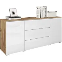 Mirjan 24 Kommode Vera, Griffloses Öffnungssystem, Sideboard, Stilvoll Highboard Schrank (Farbe: Wotan / Weiß Hochglanz, ohne Beleuchtung)
