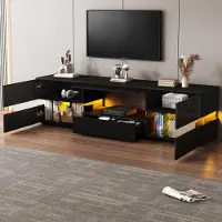 OKWISH TV-Schrank TV-Lowboard mit LED-Beleuchtung,Fernsehtisch Wohnzimmerschränke mit Schublade,Hochglanz-TV-Stände für Wohnzimmer,Schwarz