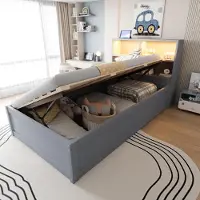 STILVORA 90x200 Schlafsofa mit USB-Steckdose,Tagesbett mit Staufächern und LED-Licht,Einzelbett hydraulisches Bett für Gäste,Kinder oder Jugend,Grau(ohne Matratze)