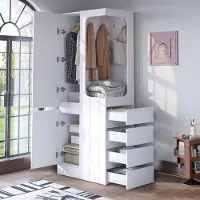 OKWISH Garderobenschrank Kleiderschrank mit vier seitlichen Schubladen,Kleidungsschrank Drehtürenschrank Kleiderregal mit mühelosem Zugriff,Weiß