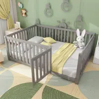 UnboxG Kinderbett 140 x 200 cm, Holzbettgestell mit Schutzgitter und Tür, grau