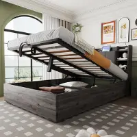 Youjia Holzbett, Größe 140 x 200 cm, Hydraulisches Bett, Kopfteil mit Stauraum, Ausgestattet mit USB-Anschluss und Tape-C-Steckdose, Doppelbett, Einzelbett