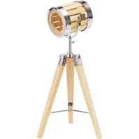 Ed Brubaker Stehleuchte Industrial Design Tripod Lampe - 65 cm Höhe - Stativbeine aus Holz - Scheinwerfer Chromfarben/Messing