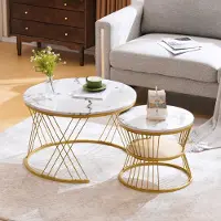 Merax 2er Set Couchtisch hochglanz Wohnzimmertisch mit Metallrahmen, Satztisch Sofatisch in Marmoroptik, Beistelltisch Rund Modern, Weiß