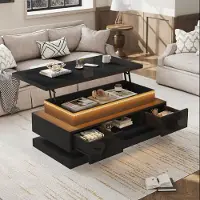 Merax anhebbarer Couchtisch mit 2 Schublade, Hochglanz-Beistelltisch mit LED, Wohnzimmertisch mit verstecktem Stauraum aus Spanplatte, Schwarz