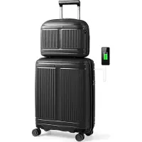 Costway 2tlg. Koffer-Set, 20" Handgepäck Koffer 35L + 14" Kosmetikkoffer, Reisekoffer erweiterbar mit TSA-Schloss, USB-Anschluss & Rollen Schwarz
