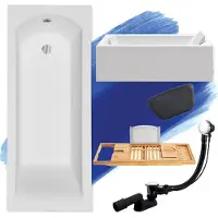 Besco Badewanne Rechteck Set 5in1 180x80 mit Ablaufgarnitur und Füßen GRATIS + AcrylSchürze + Bambus Holzablage + Kopfstütze in Schwarz | BADLAND SHEA