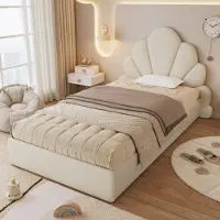 OKWISH Kinderbett 90x200 Jugendbett mit geschwungenen Blütenblättern,Einzelbett mit Rutschfestes Bodendesign ohne Matratze,Beige