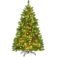Costway 135cm Künstlicher Weihnachtsbaum mit warmweißer LEDs, Metallständer, Tannenzapfen, rote Beeren&Klappsystem, , Christbaum PVC Nadeln, Grün