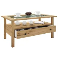 VCM Holz Beistelltisch mit ESG-Sicherheitsglas | Couchtisch schlicht | Maße ca. H. 42 x B. 90 x T. 54 cm | Wohnzimmertisch mit Schublade | Sofatisch - Lingis L
