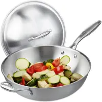 Relaxdays Wok, Ø 32 cm, Edelstahl unbeschichtet, Gas-, Elektro-, Induktionsherd, Wokpfanne mit Deckel & Griff, silber