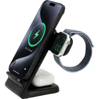 Cazy 3 in 1 Wireless Charger Stand, USB-C, LED-Licht, Schnellladung, Geeignet für Qi-Geräte, Ladestation, Schwarz