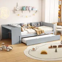 Fortuna Lai Kinderbett 90 x 200cm mit Ausziehbarem Bett und Schreibtisch, Einzelbett mit Regal, Gästebett Holzbett mit Lattenrost, Jugendbett Kinderbett, Grau