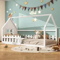 Fortuna Lai Kinderbett 90 x 200cm, Kinderbett in Hausform, Einzelhaus-Flachbett mit Dach und Fenstern in Weiß