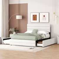 UnboxG Plattformbett 140 x 200 cm mit Spindel für zwei Personen und zwei Schubladen, beige