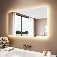 Sonni Weißer quadratischer Badezimmerspiegel 120 x 70 x 3,5 cm Dreifarbige Beleuchtung Antibeschlag und Bluetooth Mit Steckdose