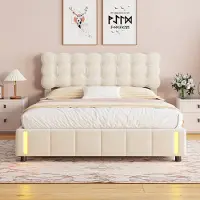 Moonbite Bett (160 x 200 cm) mit Lattenrost, Bett mit Stauraum (160 x 200 cm), gepolstertes Doppelbett mit hydraulischem Hebel, LED-Beleuchtung am Fußende, Samt, beige