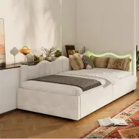 Moonbite Polsterbett 90 x 200 cm, Schlafsofa mit Stauraum, LED-Beleuchtung und Lattenrost, Samt, Beige