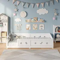 UnboxG Kinderbett 90x200 aus Massivholz mit Stern und Mond Motiv Geländer Weiß Stabil und Sicher Holzbett für Kinderzimmer