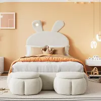 UnboxG Kinder-Einzelbett mit Polsterung 90x200cm (beiger Samt): Hasenohren (Helligkeit einstellbar), Heizkissen, 2 Aufbewahrungshocker, Holzlattenrost