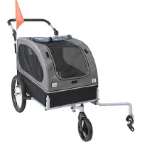 SucceBuy Fahrradanhänger für Hunde, 40 kg Tragkraft, 2-in-1-Kinderwagen, leicht zusammenklappbarer Rahmen, Universalkupplung, Reflektoren, Flagge, Schwarz/Grau