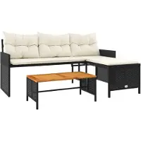 Syfax Gartensofa in L-Form mit Tisch und Kissen Schwarz Poly Rattan