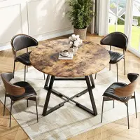 UnboxG Runder Esstisch Ø120 cm, Esszimmertisch mit 4-teiliger MDF Tischplatte und stabilem Metallgestell, Küchentisch im Industrial Design, Mit Ablagefach – Vintage Braun/Schwarz