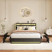 Moonbite Polsterbett 140x200 cm, LED-Kopfteil, 4 Schubladen, USB-Ladefunktion, Leinen, Beige, modernes Design, ideal für Schlafzimmer, funktional und bequem