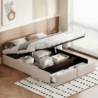 Moonbite Plattform-Bett 160x200 cm ohne Kopfteil mit beigem Kapiton, 2 Schubladen und Lattenrost, flaches Profil, Stoff, Beige