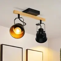 ZMH Deckenstrahler 2 Flammig Schwarz Deckenlampe Vintage Schwenkbar 350° MAX.25W E14 Fassung Industrial Holzmaserung Spotbalken für Wohnzimmer Schlafzimmer Büro (ohne Leuchtmittel)