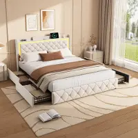 Moonbite Bett mit Schubladen, 140 x 200 cm, in beigefarbenem Samt, Stauraum, Kopfteil mit Gasdruckfeder, LED-Beleuchtung, USB- und Typ-C-Anschluss, modernes und komfortables Design