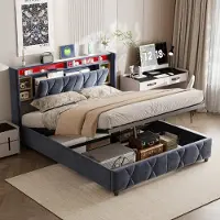 Moonbite Polsterbett mit Stauraum 160x200 cm, USB und Kopfteil mit Stauraum, Doppelbett, Velours, modernes Design, ideal für Schlafzimmer, funktional und stilvoll