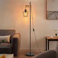 ZMH Stehlampe Holz Schwarz Stehleuchte Wohnzimmer Vintage stehend Standleuchte im Industrialaus Metall E27 Fassung 152cm Retro Standlampe