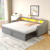 UnboxG Gepolstertes Schlafsofa mit Ausziehfunktion 90/180x200cm (hellgrau): Stauraum, LED-Beleuchtung + USB-Anschluss, Lattenrost