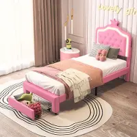 Moonbite Kinderbett 90 x 200 cm, Einzelbett mit Lattenrost, 2 Schubladen, LED-Beleuchtung, Prinzessinnenbett mit Krone, Rosa