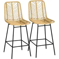 Fortuna Lai 2er Set Barhocker mit Lehne Barstühle im Boho-Design, PE-Rattan, inkl. Fußtstütze, 42,5 cm x 52 cm x 102 cm, Gelb + Schwarz