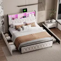 Moonbite 160 x 200 cm großes Bett aus beigefarbenem Samt mit Schubladen, mehrfarbigem LED-Kopfteil, USB-/Typ-C-Anschluss und Stauraum unter dem Bett