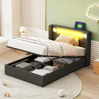 UnboxG Gepolstertes Kinderbett 90x200, Zwischengeschoss/Stauraum, Kunstleder: LED, Bluetooth, USB, Lattenrost, jung