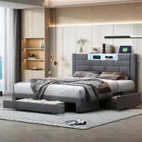 Moonbite Gepolstertes Doppelbett 140 x 200 cm mit LED-Beleuchtung und USB-Anschluss, Bettkommode mit 3 Schubladen, grauer Samt