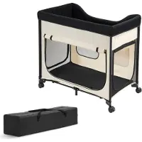 SucceBuy Erhöhtes Haustierbett (L), klappbare Hundeliege aus 600D Oxford-Stoff und holländischem Samt, tragbares Bett mit Rollen, seitlichen Taschen und Transporttasche, Beige