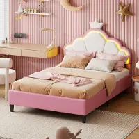 Moonbite Gepolstertes Kinderbett 140 x 200 cm mit LED-Beleuchtung und verstellbarem Kopfteil, Kronendesign, Rosa, Samt