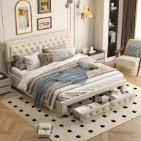 Moonbite 180 x 200 cm großes Stauraumbett mit 2 Schubladen, gepolstertes Bett mit Lattenrost, Samtbezug und Knopfverzierung, beige