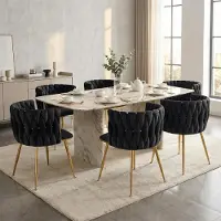 LVHOM Esszimmerstühle Samtbezug Wohnzimmerstuhl 6er Set Polstertuhl Geflochtener Stil, Esszimmer Stuhl, Goldene Metallrahmen, Schwarz
