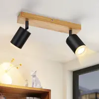 ZMH Deckenstrahler Schwarz 2 Flammig - Küchenlampe GU10 Holz Wandstrahler 350°Drehbar Vintage Flur Strahler Retro Industrial Ohne Leuchtmittel