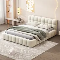 Moonbite Doppelbett für Erwachsene, 140 x 190 cm, bezogen mit Leinen, mit weicher Rückenlehne, flaches Bettgestell mit gepolstertem Rahmen, Lattenrost, Kopfteil, beige