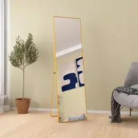 CDGlobal 140 × 40 cm minimalistische Rahmen Standspiegel, Solider Ganzkörperspiegel frei stehend, leicht Spiegel in voller Länge Aufhängen an der Wand horizontal oder vertikal, Golden