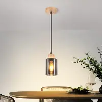 ZMH Hängeleuchte esstisch Holz Hängelampe 1 flammig Pendelleuchte Vintage E27 Industrial Küchenlampe hängend Rauchglas Esszimmer Ohne Leuhctmitte